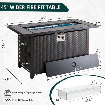 SUNLEI 45" Propane Fire Pit, Outdoor Fire Pit Tables Rectangular Tabletop with Lid and Blue Fire Glass, 50000 BTU Glass Wind Guard and Tables for Outside Patio, Backyard - CookCave