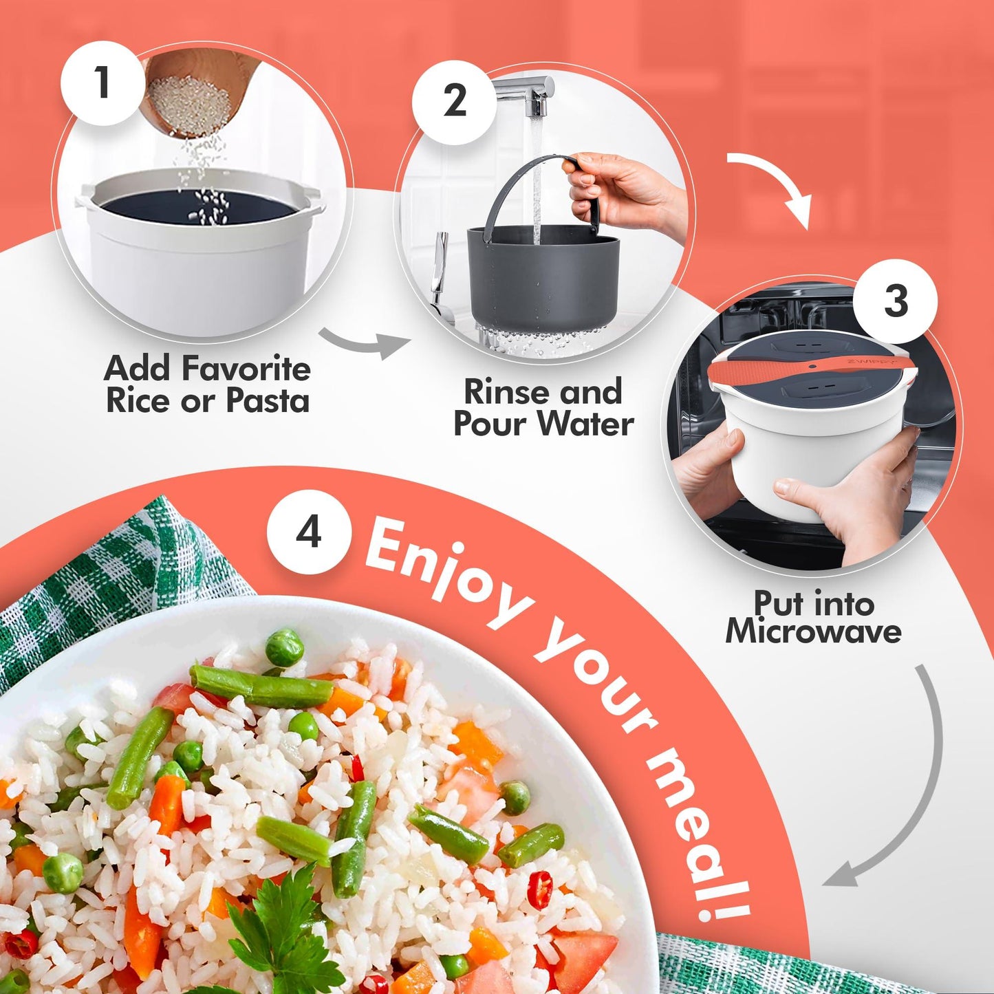 Zwippy Microwave Rice Cooker Steamer & Pasta Cooker with Strainer, 8 Cup/2L, Non-stick, Dishwasher Safe, BPA Free - Easy-To-Use Microwave Rice Maker Set for Pasta, Potatoes, Vegetables, Quinoa - CookCave