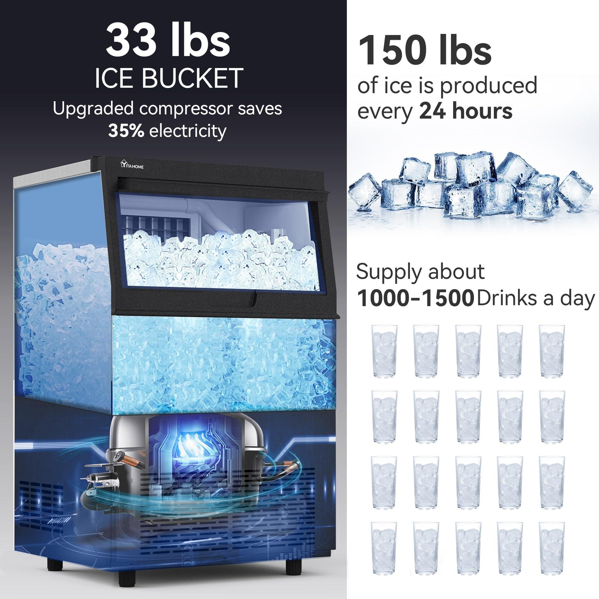 YITAHOME Upgraded Commercial Ice Machine, 150LBS/24H Ice Maker with 33LBS Storage Bin, LCD Panel with Blue Light & Stainless Steel Scoop for Restaurant, Home, Bars, Coffee Shop(55PCS) - CookCave