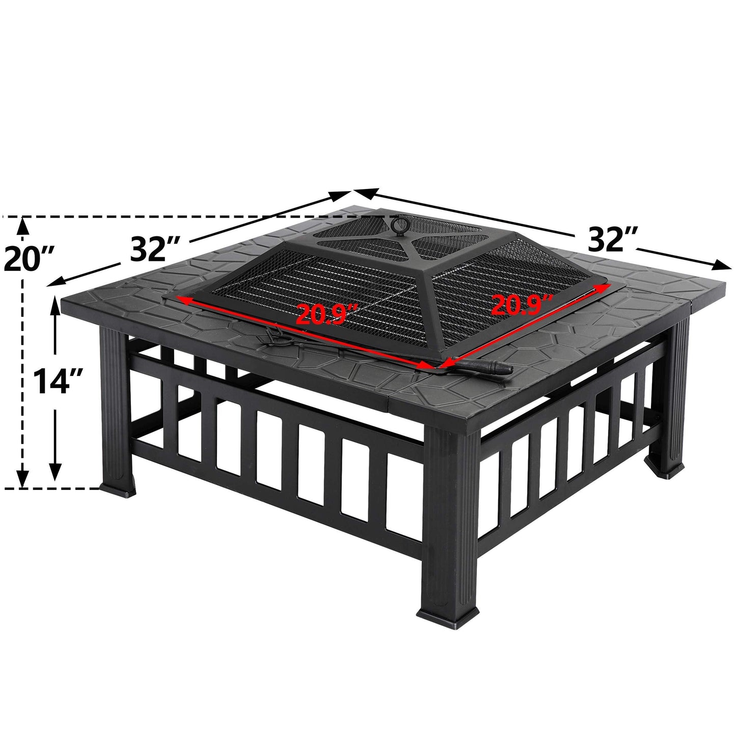 LEMY 32 inch Outdoor Fire Pit Square Metal Firepit Backyard Patio Garden Stove Wood Burning Fire Pit W/Rain Cover, Faux-Stone Finish - CookCave