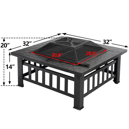 LEMY 32 inch Outdoor Fire Pit Square Metal Firepit Backyard Patio Garden Stove Wood Burning Fire Pit W/Rain Cover, Faux-Stone Finish - CookCave