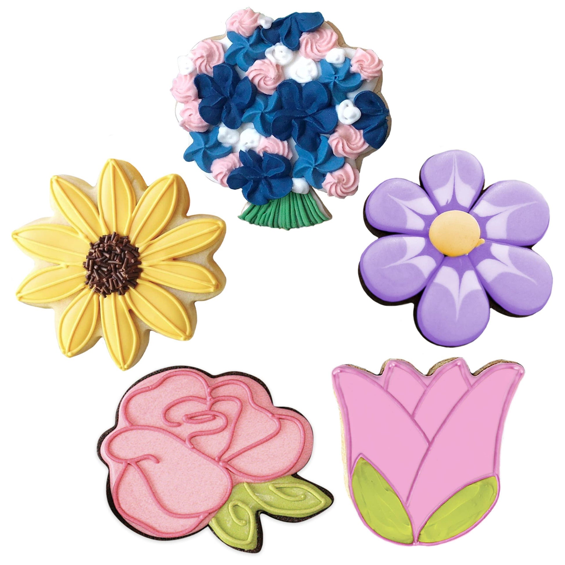 Summer Flowers Cookie Cutters 5-Pc. Set Made in the USA by Ann Clark, Flower, Rose, Sunflower, Tulip, Flower Bouquet - CookCave