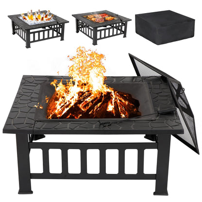 LEMY 32 inch Outdoor Fire Pit Square Metal Firepit Backyard Patio Garden Stove Wood Burning Fire Pit W/Rain Cover, Faux-Stone Finish - CookCave