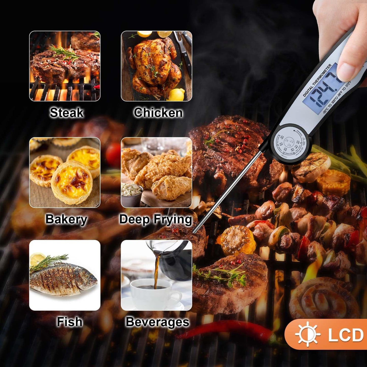 Digital Instant Read Meat Thermometer Digital for Grilling and Cooking - ANDAXIN Waterproof Ultra-Fast Thermometer with Backlight&Calibration&Foldable Probe for Kitchen,Deep Fry,BBQ,Grill-Black/White - CookCave