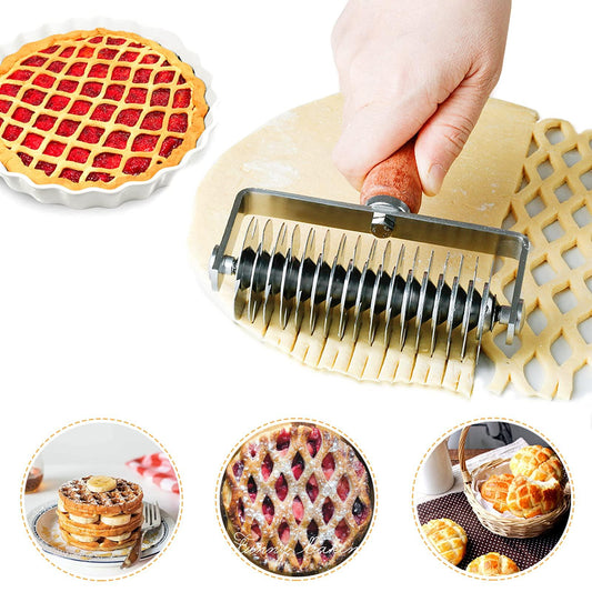 Stainless Steel Lattice Cutter, Dough Lattice Roller Cutter Baking Tool Cookie Pie Pizza Bread Pastry Crust Roller Cutter with Wood Handle, Household Time-Saver Baking Pastry Tools for Pizza Biscuits - CookCave
