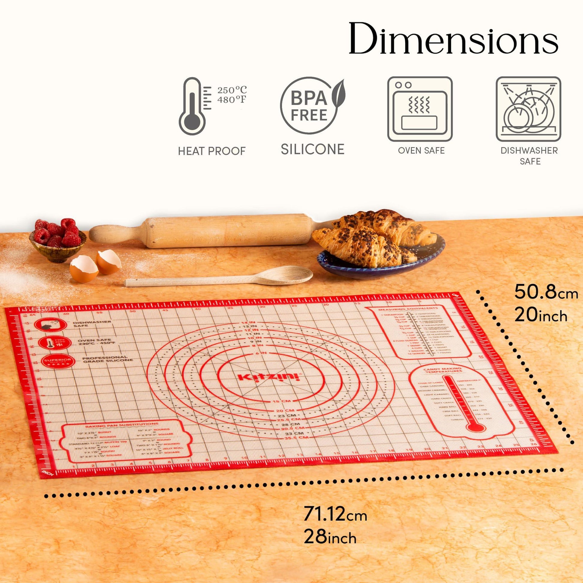 Kitzini Silicone Pastry Mat. Non Slip Baking Mat. BPA-Free Silicone Baking Sheet. Extra Large Silicone Mats for Baking, Rolling Pastry, Dough, Pizza & Cookies. Kneading Mat - 28 x 20 inches - CookCave