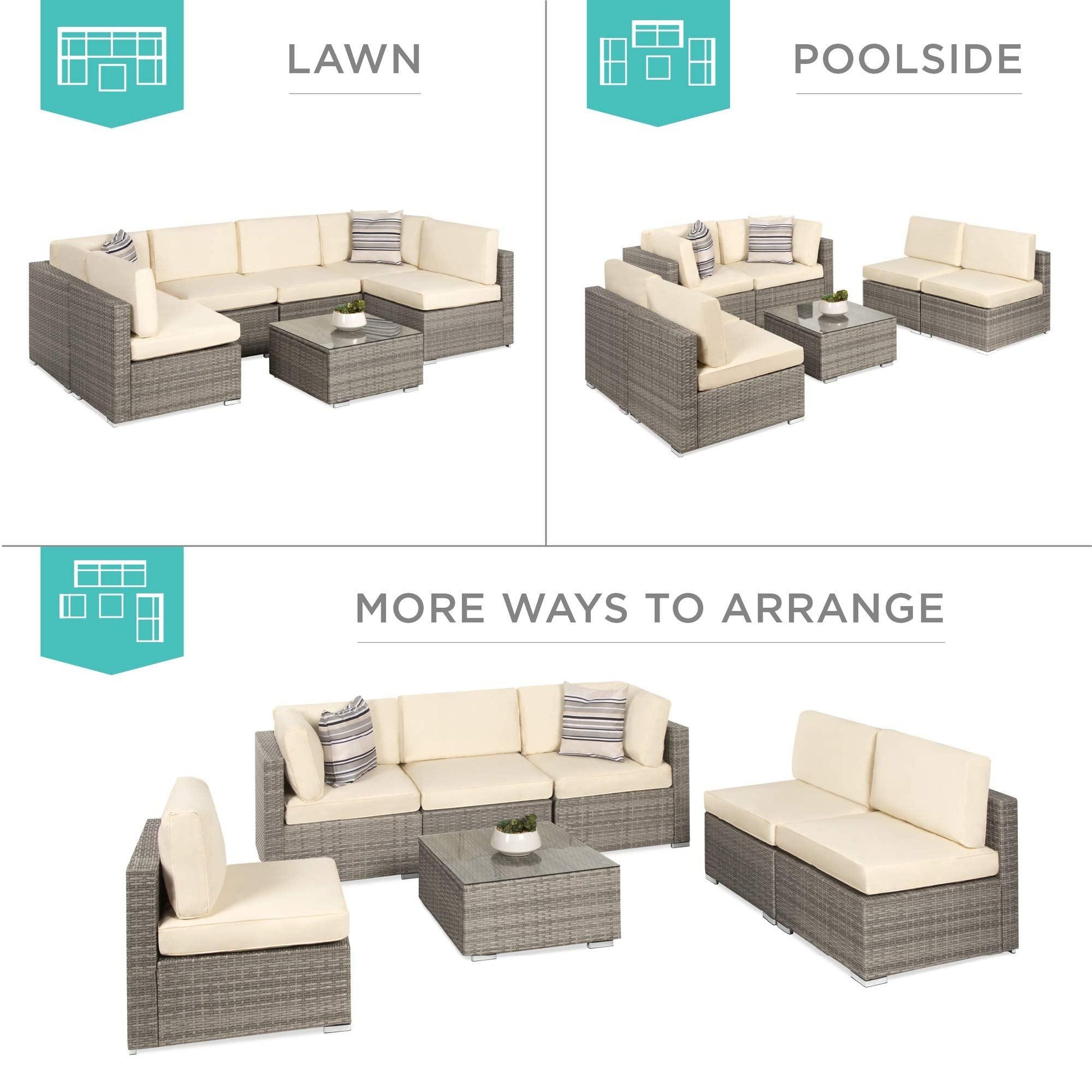 Best Choice Products 7-Piece Modular Outdoor Sectional Wicker Patio Furniture Conversation Sofa Set w/ 6 Chairs, 2 Pillows, Seat Clips, Coffee Table, Cover Included - Gray/Cream - CookCave