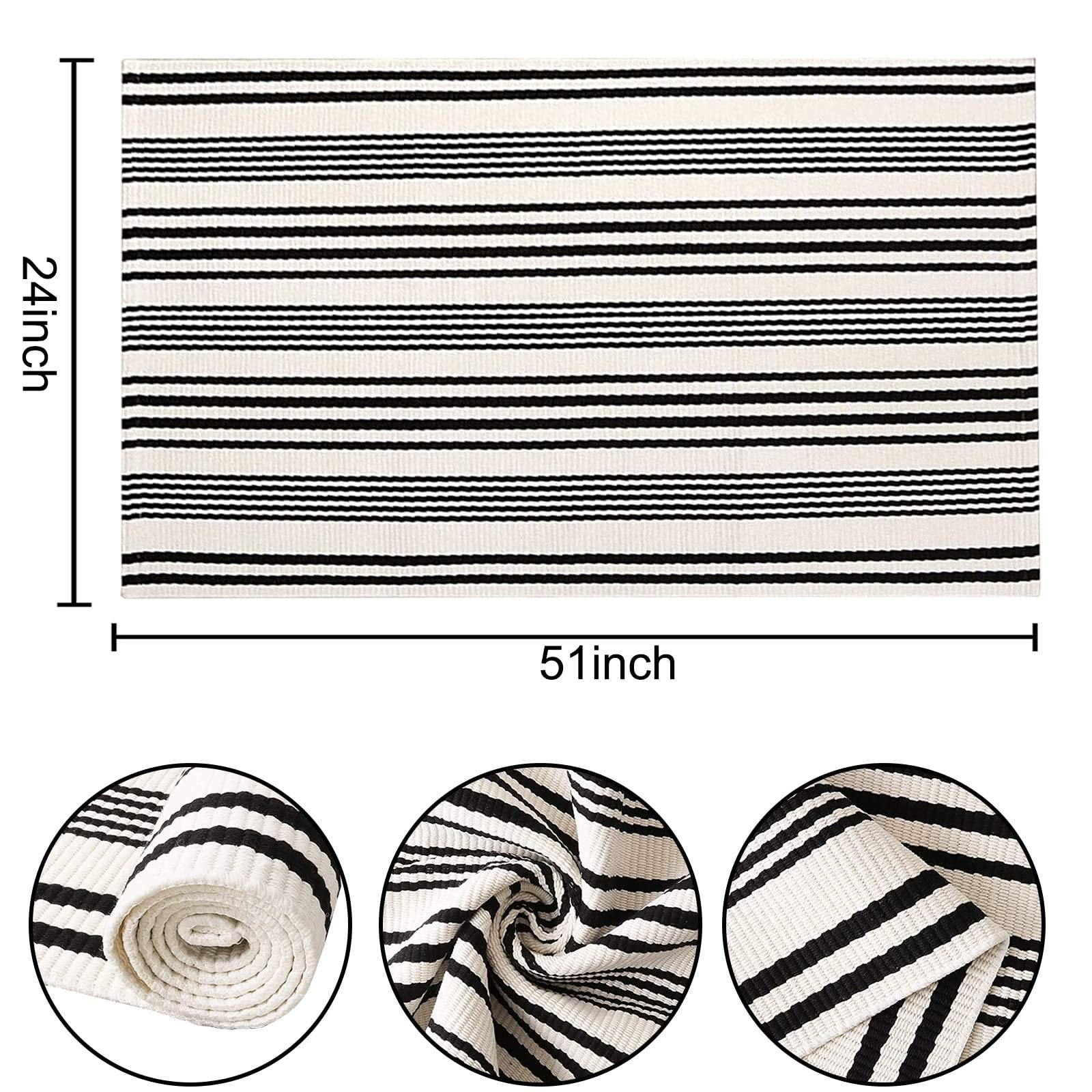 Black and White Striped Rug 24'' x 51''Outdoor Front Porch Rug Hand-Woven Machine Washable Indoor/Outdoor Layered Door Mats for Entryway/Bedroom/Outdoor - CookCave