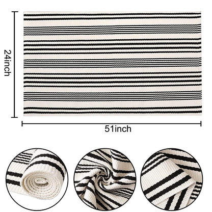 Black and White Striped Rug 24'' x 51''Outdoor Front Porch Rug Hand-Woven Machine Washable Indoor/Outdoor Layered Door Mats for Entryway/Bedroom/Outdoor - CookCave