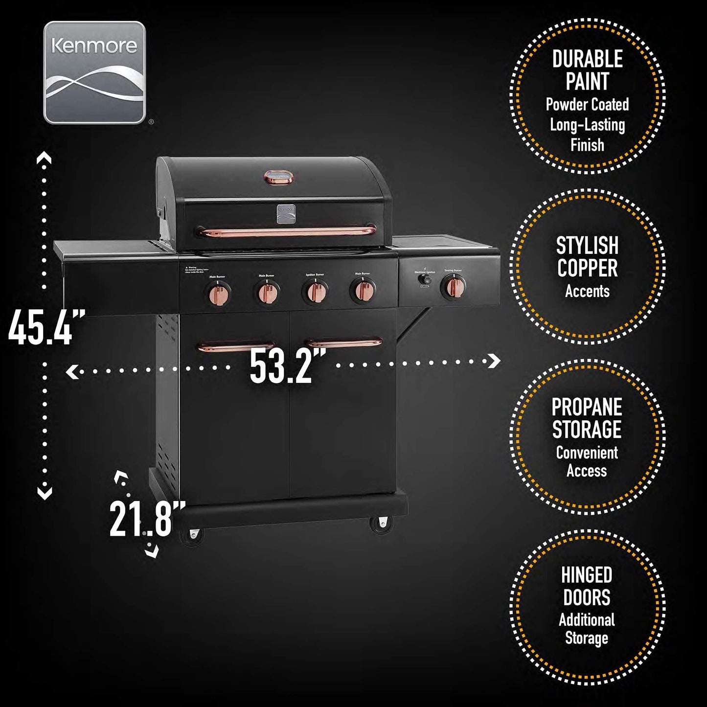 Kenmore PG-A40409S0LB-2 4 Burner Cabinet Style Propane Gas BBQ Grill with Searing Side Burner, 52000 Total BTU, Black and Copper - CookCave