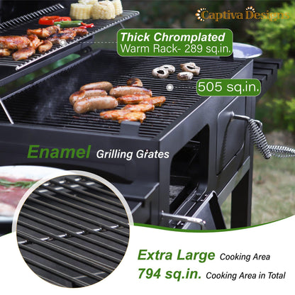 Captiva Designs Extra Large Charcoal BBQ Grill with Oversize Cooking Area(794 sq.in.), Outdoor Cooking Grill with 2 Individual Lifting Charcoal Trays and 2 Foldable Side Tables - CookCave