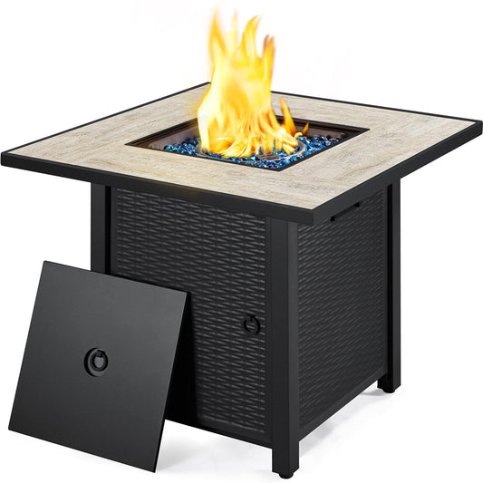 Yaheetech 30" Propane Gas Fire Pit Table 50,000 BTU Square Gas Fire Table with Ceramic Tabletop and Blue Fire Glass for Outdoor /Patio with Rattan Pattern Steel Base/Lid, Black - CookCave