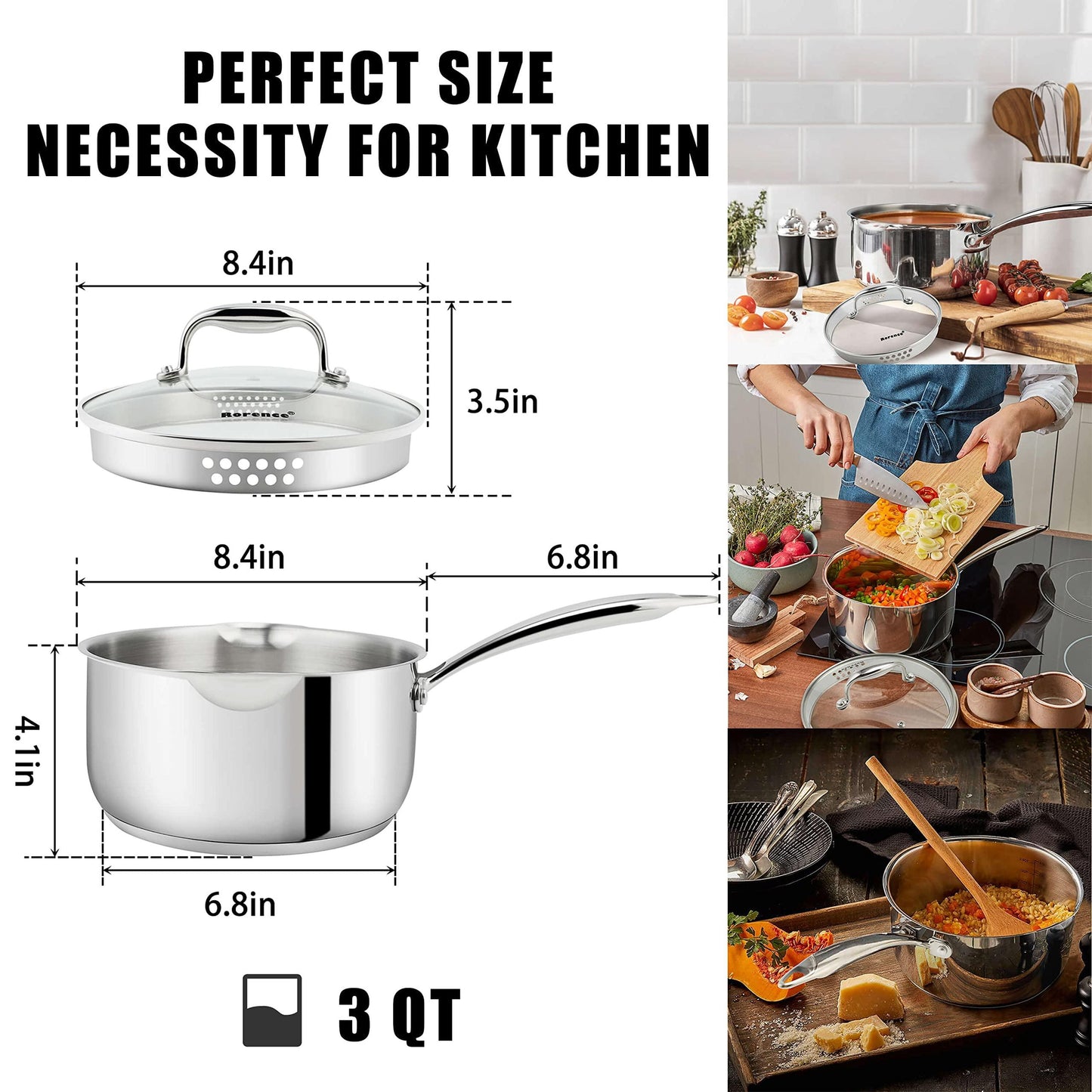 Rorence 3-Quart Saucepan with Lid: Pour and Strain Stainless Steel Sauce Pan with Pour Spouts, Capsule Bottom & Tempered Glass Lid - CookCave