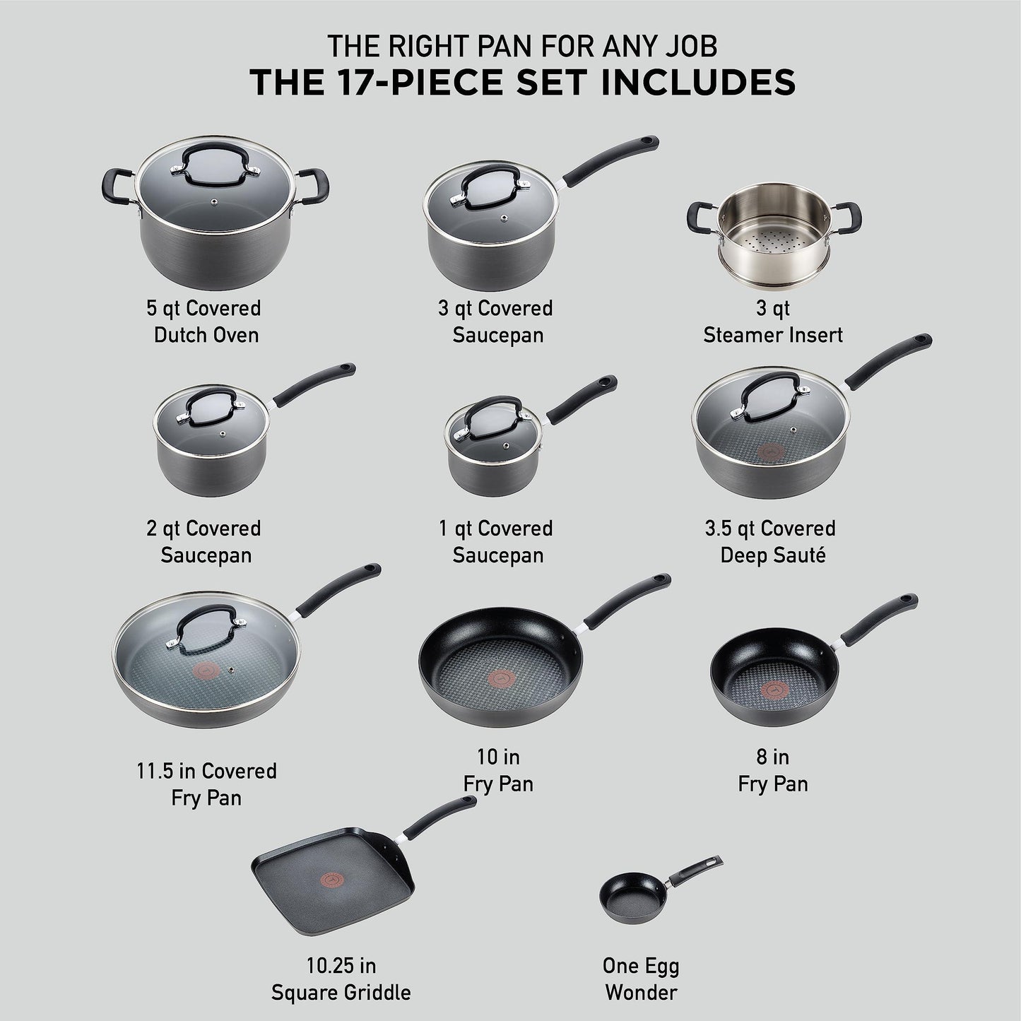 T-fal Ultimate Hard Anodized Nonstick Cookware Set 17 Piece Oven Safe 400F, Lid Safe 350F Pots and Pans, Dishwasher Safe Black - CookCave