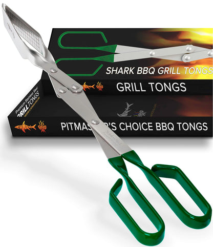 Shark BBQ - Barbecue Tongs: Extra long reach grilling accessory. Best cooking tool for indoor & outdoor kitchen. Seafood & crab tongs. Ideal for charcoal, gas grills & smoker. Gift for fathers (Green) - CookCave