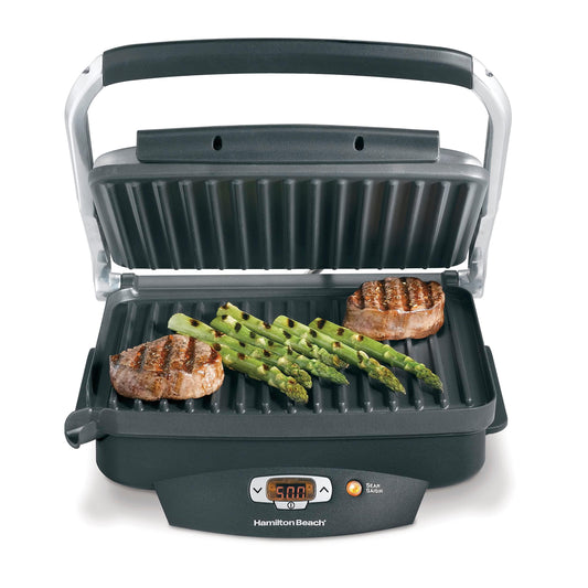 Hamilton Beach Steak Lover's Electric Indoor Searing Grill, Nonstick 100 Square, Stainless Steel (25331), Black and Stainless, Medium - CookCave