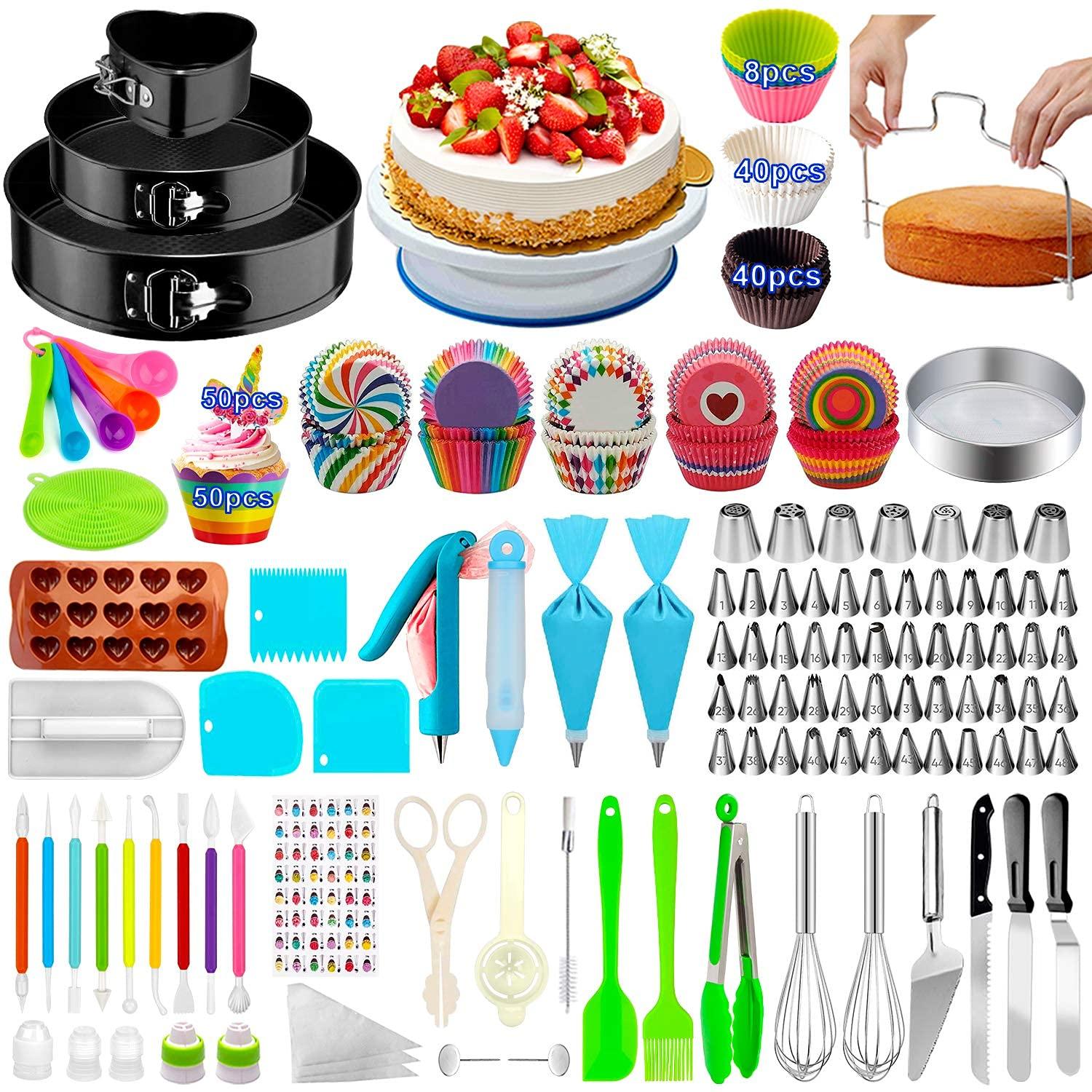 Cake Decorating Supplies,493 PCS Cake Decorating Kit 3 Packs Springform Cake Pans, Cake Rotating Turntable,48 Piping Icing Tips,7 Russian Nozzles, Baking Supplies,Cupcake Decorating Kit, Multicolor - CookCave