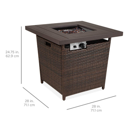 Best Choice Products 28in Gas Fire Pit Table, 50,000 BTU Outdoor Wicker Patio Propane Firepit w/Faux Wood Tabletop, Clear Glass Rocks, Cover, Hideaway Tank Holder, Lid - Brown - CookCave