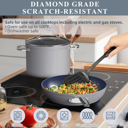 Nuwave Diamond-Infused Ceramic Nonstick Cookware Set, Scratch Resistant & PFAS Free, Oven & Dishwasher Safe with Tempered Glass Lids & Stay-Cool Handles - CookCave