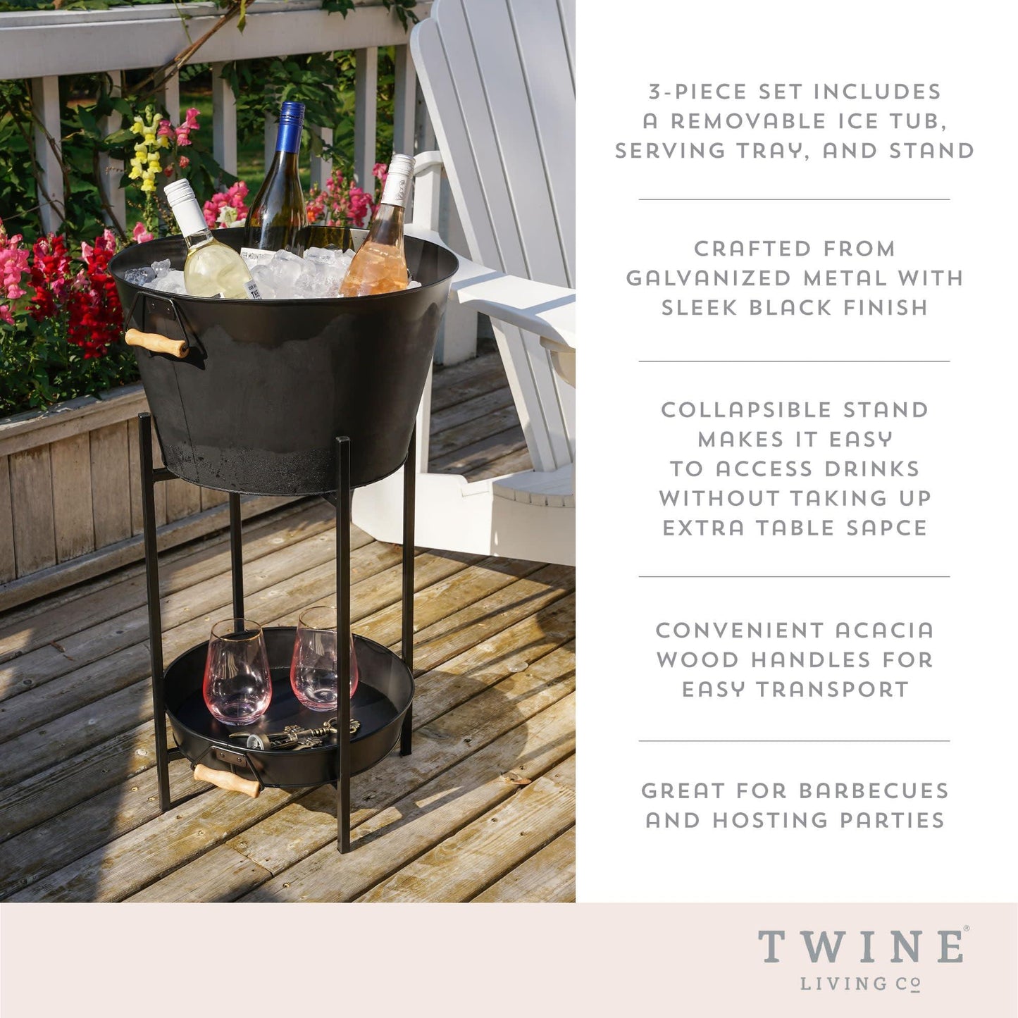 Twine Black Beverage Tub with Stand, Galvanized Metal Bucket and Tray, Acacia Wood Handles, Set of 3 - CookCave