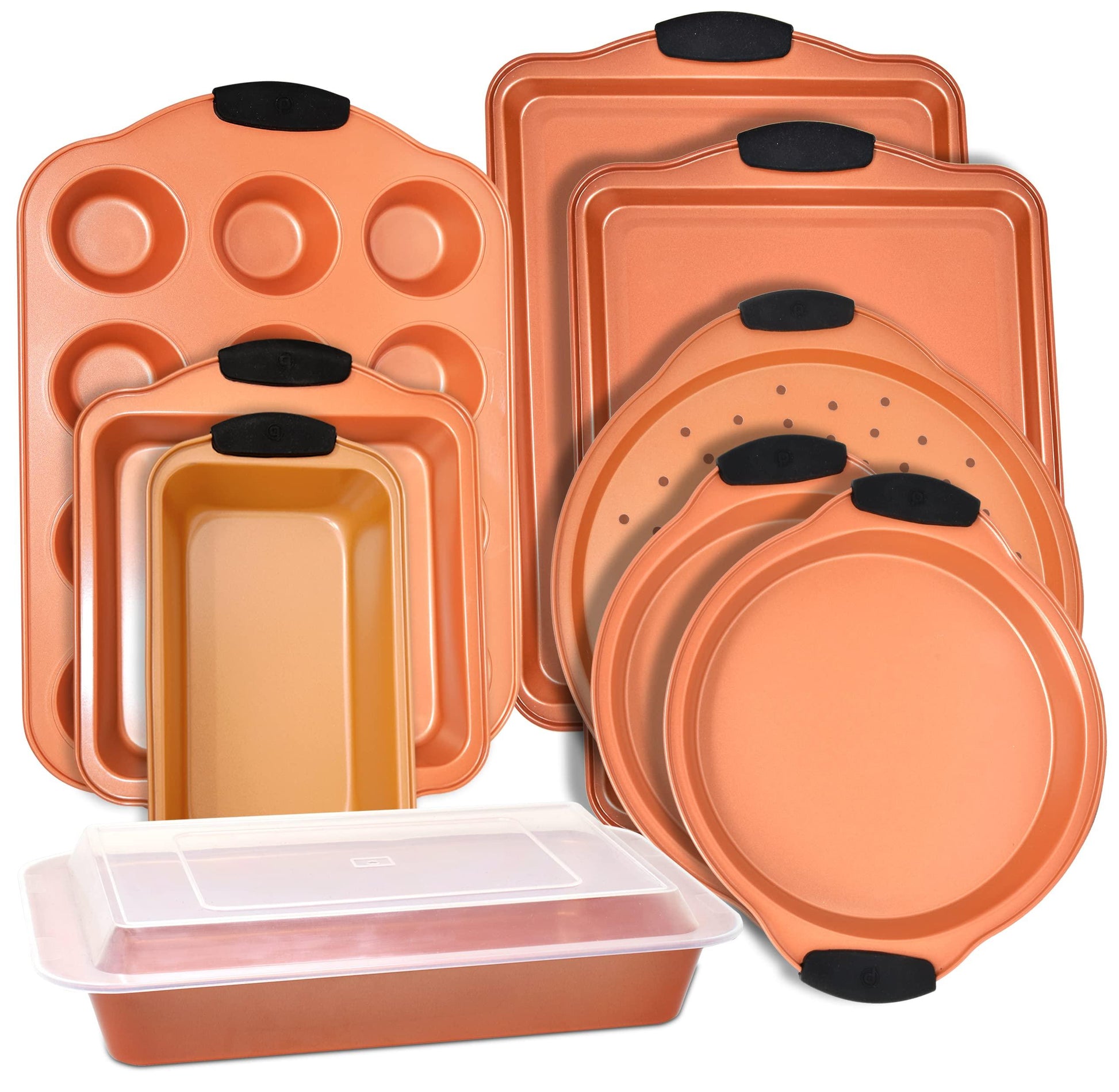 Perlli Baking Pan 10 Piece Set Nonstick Copper Steel Oven Bakeware Kitchen Set with Silicone Grips, Cookie Sheets, Round Cake Pans, 9x13 Pan with Lid, Loaf Pan, Deep Pan, Pizza Crisper, Muffin Pan - CookCave