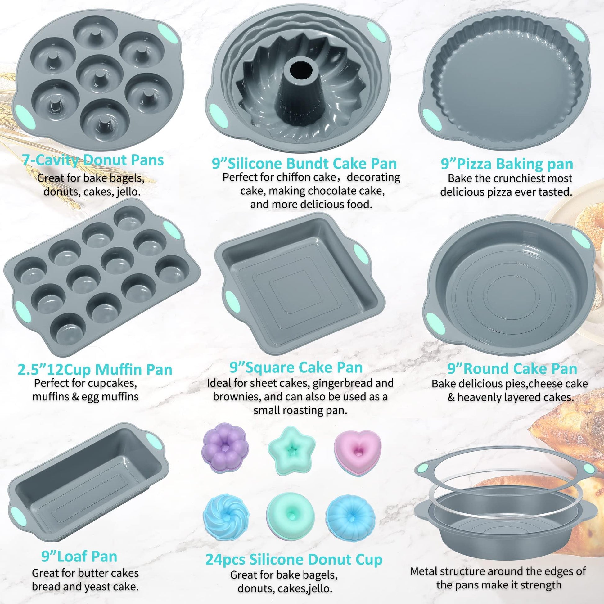 To encounter 31 Pieces Silicone Baking Pans Set, Nonstick Bakeware Sets, BPA Free Silicone Molds, with Metal Reinforced Frame More Strength, Light Grey - CookCave