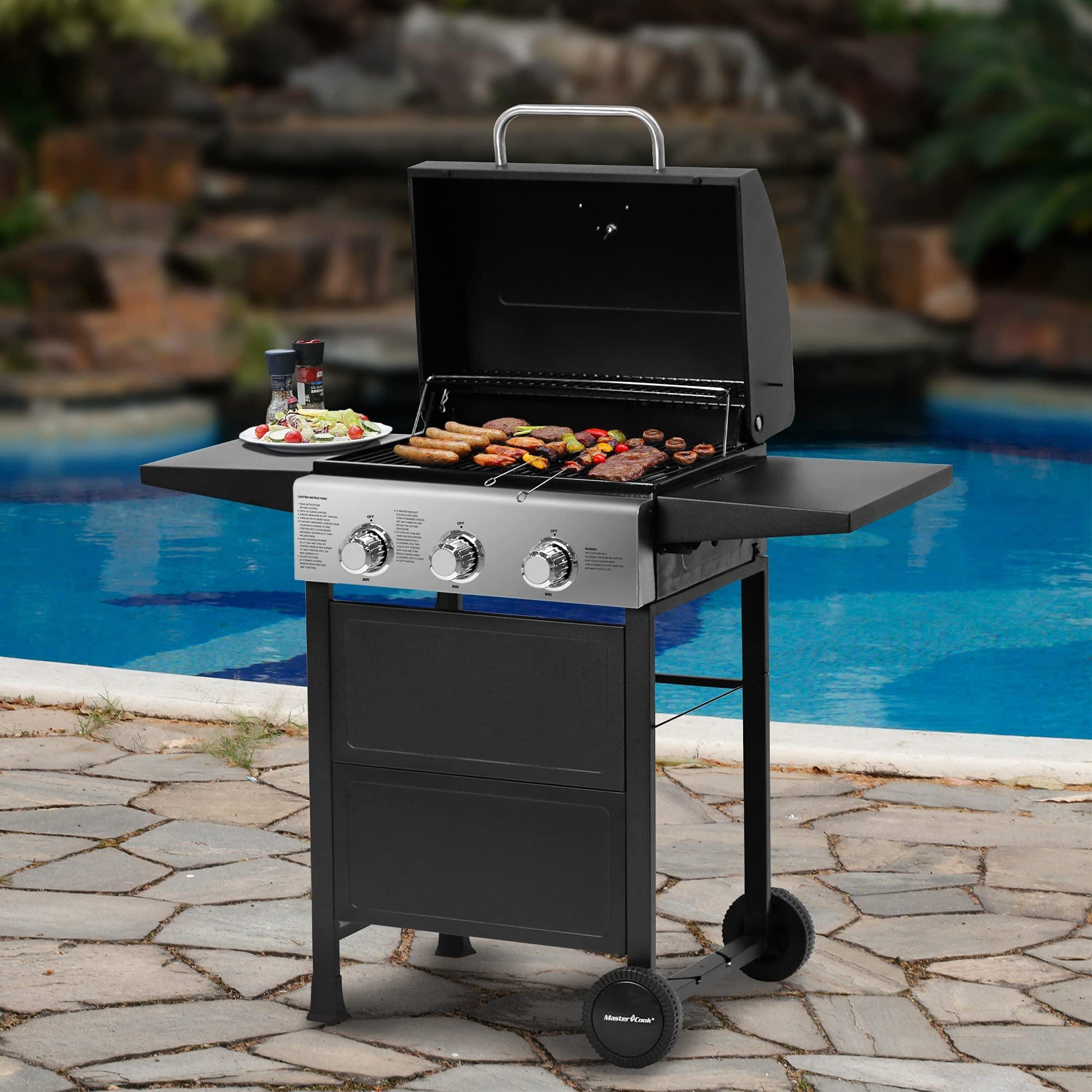 MASTER COOK Classic Liquid Propane Gas Grill, 3 Burner with Folding Table - CookCave