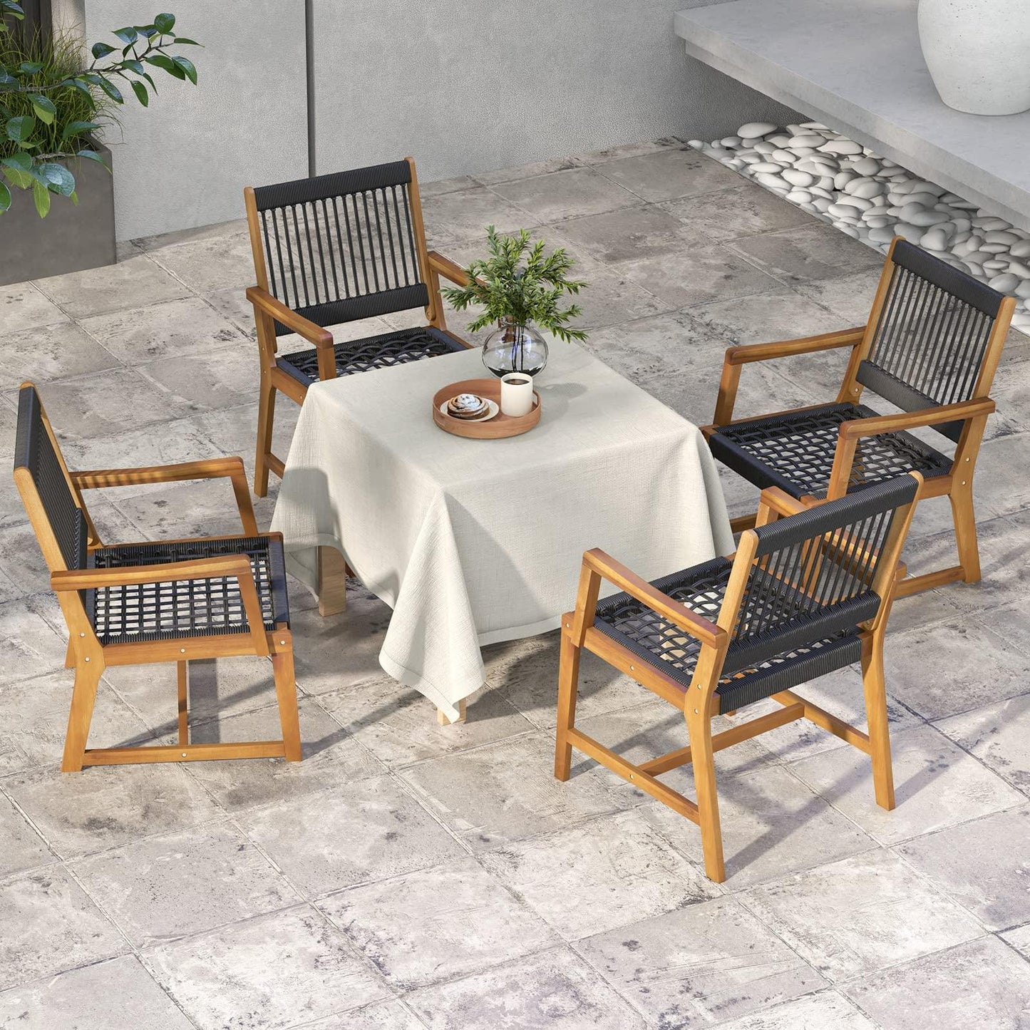 Tangkula Outdoor Acacia Wood Dining Chairs Set of 4, All-Weather Rope Woven Patio Chairs with Armrests, Outdoor Armchairs for Patio, Lawn, Garden, Backyard (2) - CookCave