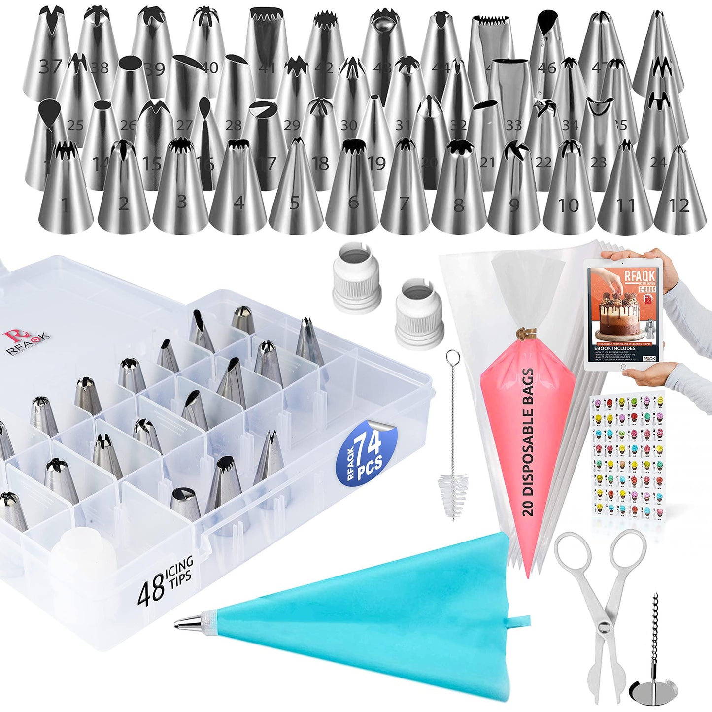 RFAQK 74 PCs Icing Piping Bags and Tips Set, Cake Decorating Kit with 48-Numbered Piping Tips, 20+1 Pastry Bags for Cookie Cupcake Cake Decoration, Cake Decorating Tips Set with Booklet and E-book - CookCave