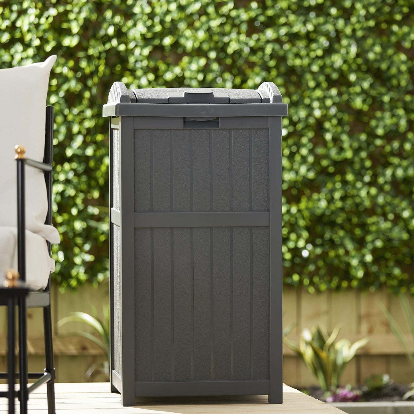 Suncast Trash Hideaway 33 Gallon Rectangular Garbage Trash Can Bin with Secure Latching Lid and Solid Bottom Panel for Outdoor Use, Cyberspace - CookCave