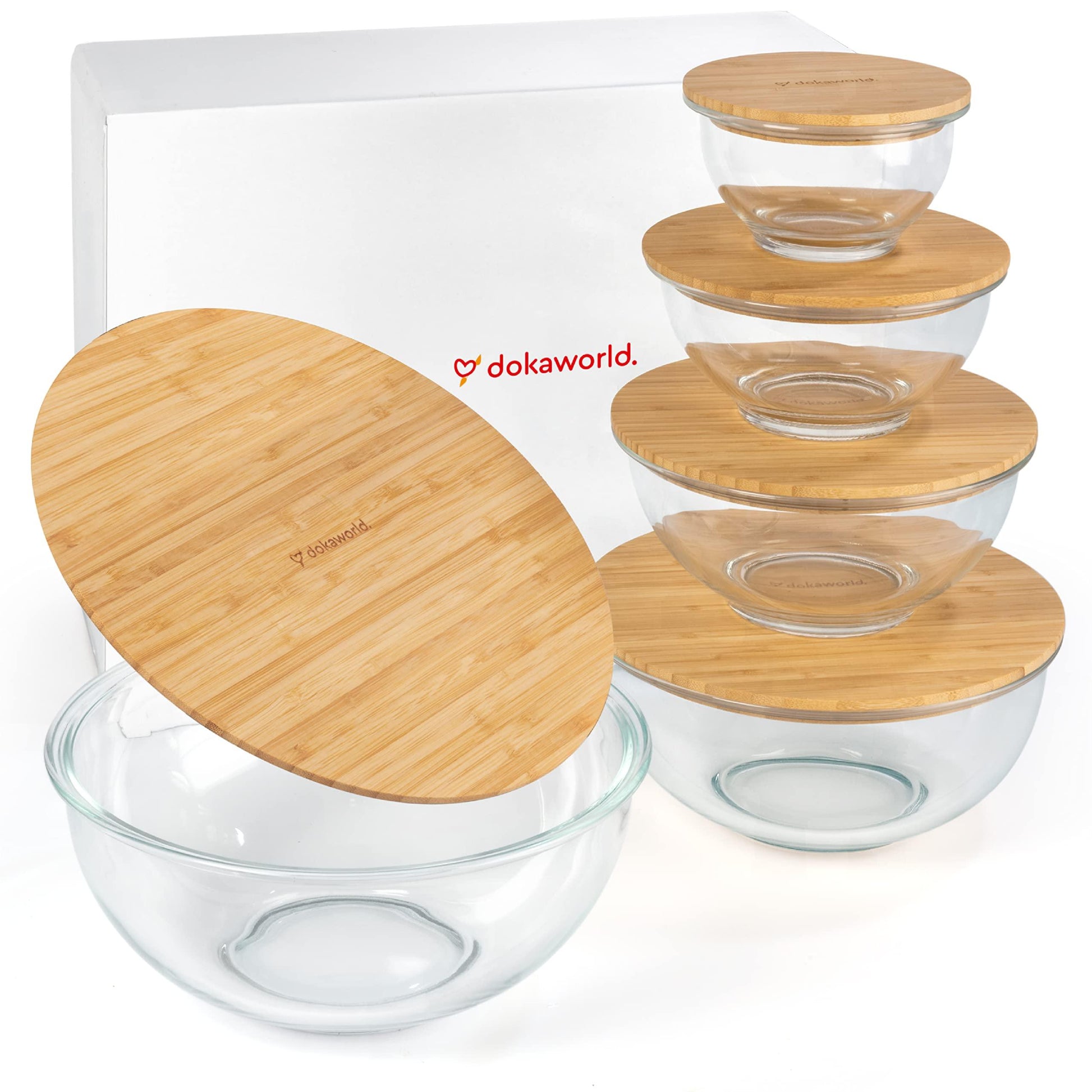 dokaworld Glass Mixing Bowls - Nesting Bowls - Cute Collapsible Glass Bowls with Lids Food Storage - 5 Stackable Microwave Safe Glass Containers - Salad Bamboo Mixing Bowls - Baking Bowls for Kitchen - CookCave