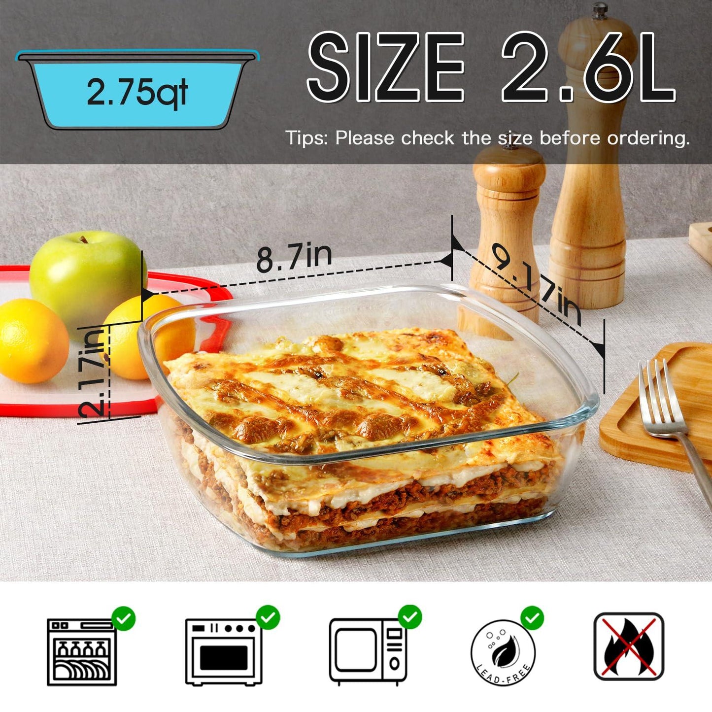 2.7 QT Square Glass Baking Dish with Red Visible Lid, 9x9 Baking Dish with Lid, LARGE and DEEP Baking Dish for Oven - CookCave