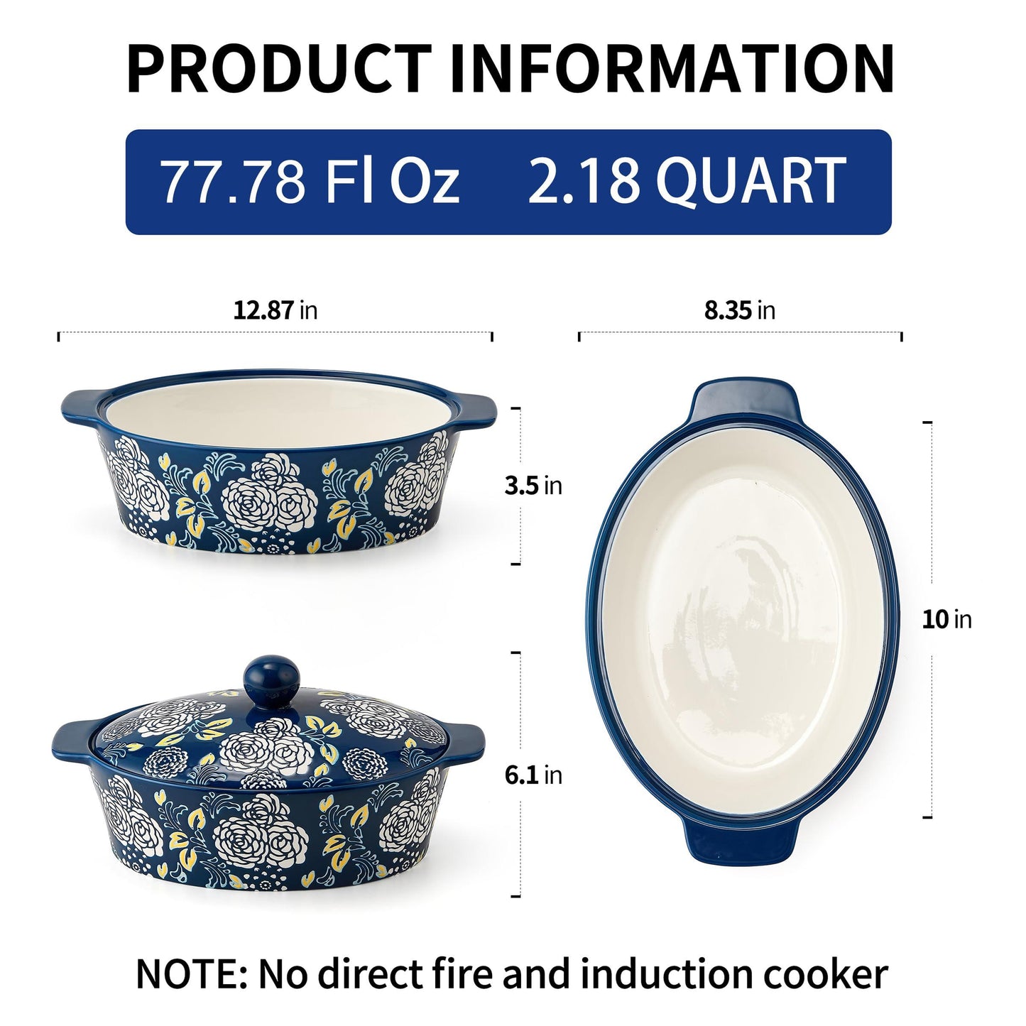 Ceramic Casserole Dish With Lid, Casserole Dishes for Oven, Baking Dish Lasagna Pans For Cooking, Oval Baking Pan, Dutch Oven, Perfect for Bread Baking and Serving, Housewarming, Thanksgiving - Blue - CookCave