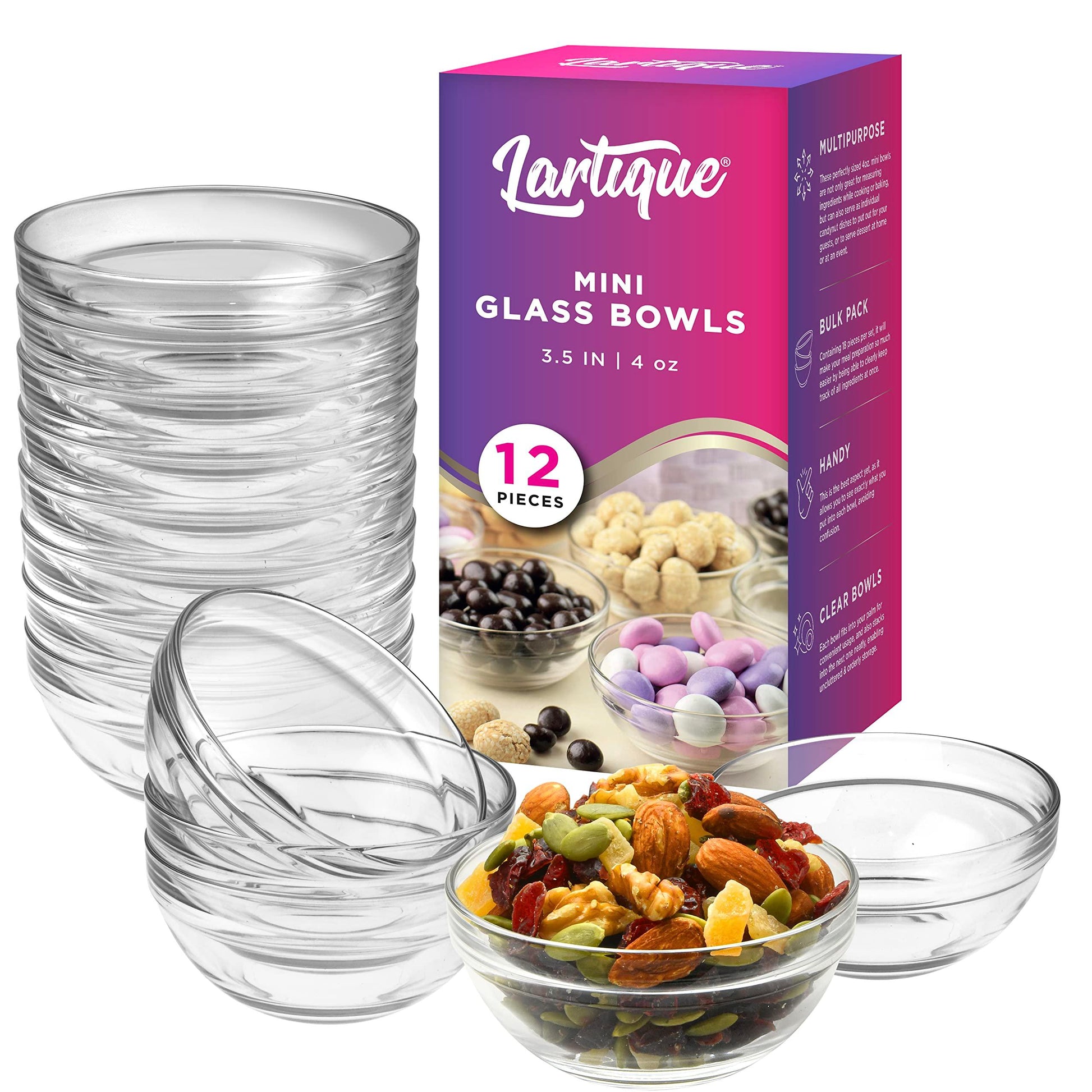 Lartique Mini 3.5 Inch Small Glass Bowls - Small Bowls Perfect for Prep, Dips, Nuts, or Candy - Glass Prep Bowls or Mise en Place Bowls, Set of 12 - CookCave