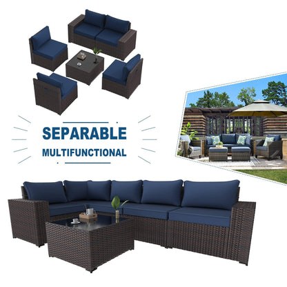 Kullavik Outdoor Patio Furniture Set 6 Pieces Sectional Rattan Sofa Set Brown PE Rattan Wicker Patio Conversation Set with 5 Navy Blue Seat Cushions and 1 Tempered Glass Table - CookCave