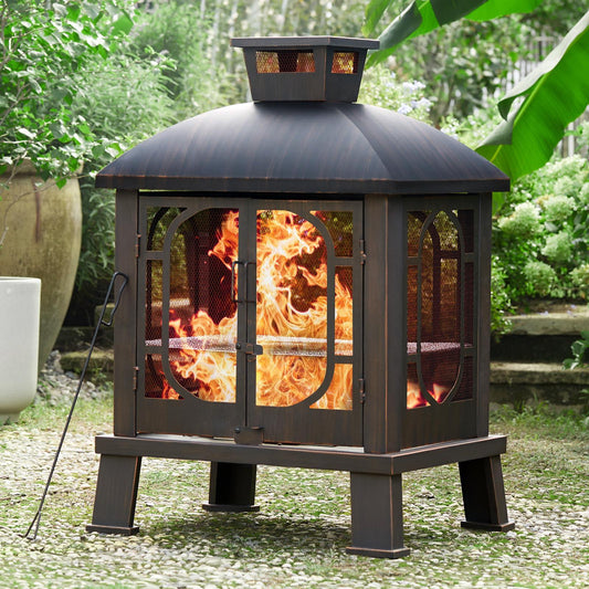 PAPABABE 45" Fire Pit Pagoda, Wood Burning Chimney Firepit with Grill Grate Outside for Garden Backyard BBQ Bonfire - CookCave