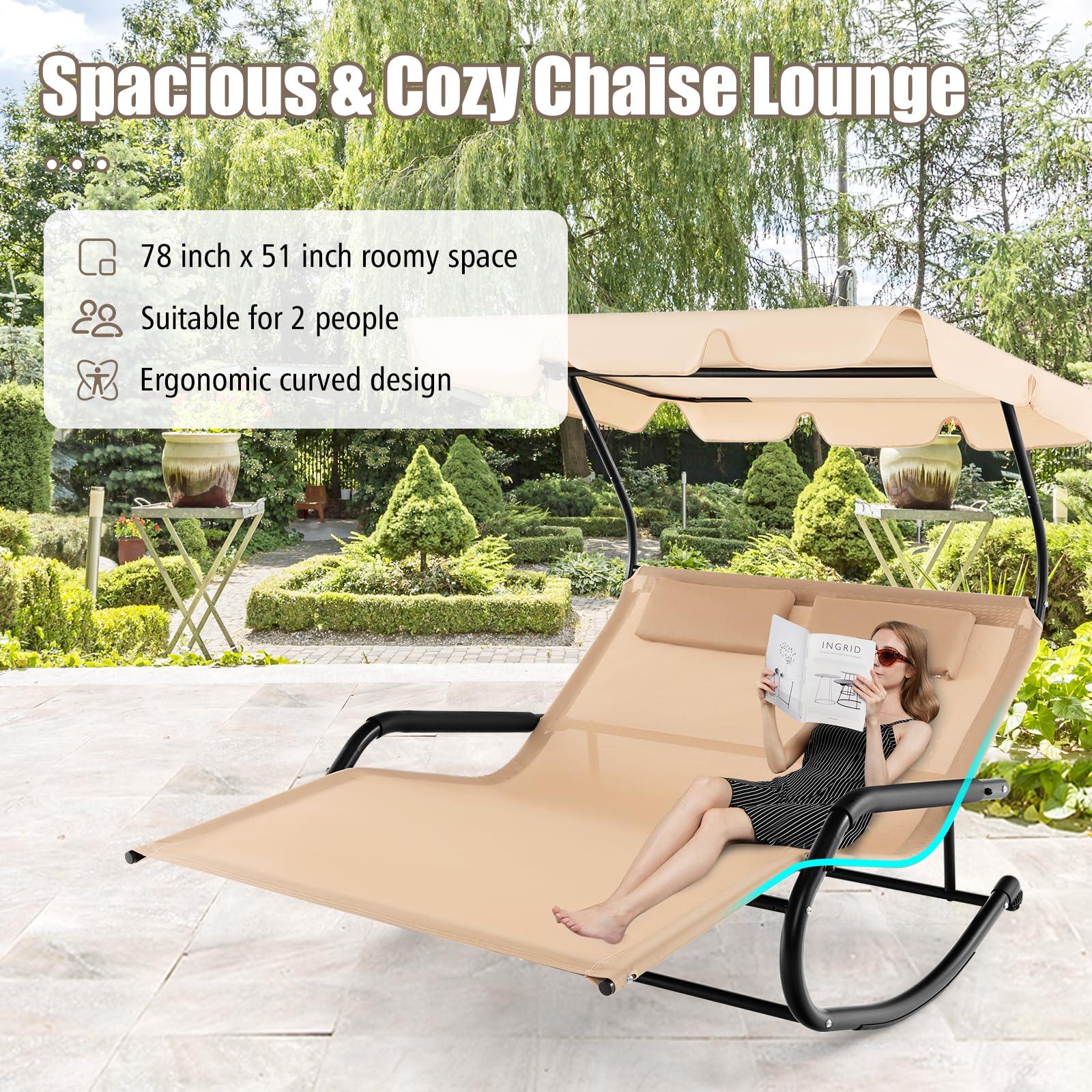 Tangkula 2 Person Lounge Chair with Adjustable Canopy, Outdoor Chaise Lounge with 2 Detachable Pillows and Wheels, Extra Large Double Patio Hammock Bed Swing for Backyard, Poolside - CookCave