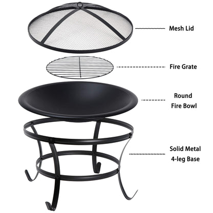 22 Inches Portable Fire Pit Outdoor Wood Burning Steel Lightweight BBQ Grill Firepit Bowl with Log Grate&Poker for Outside Patio Campfire Bonfire Backyard - CookCave