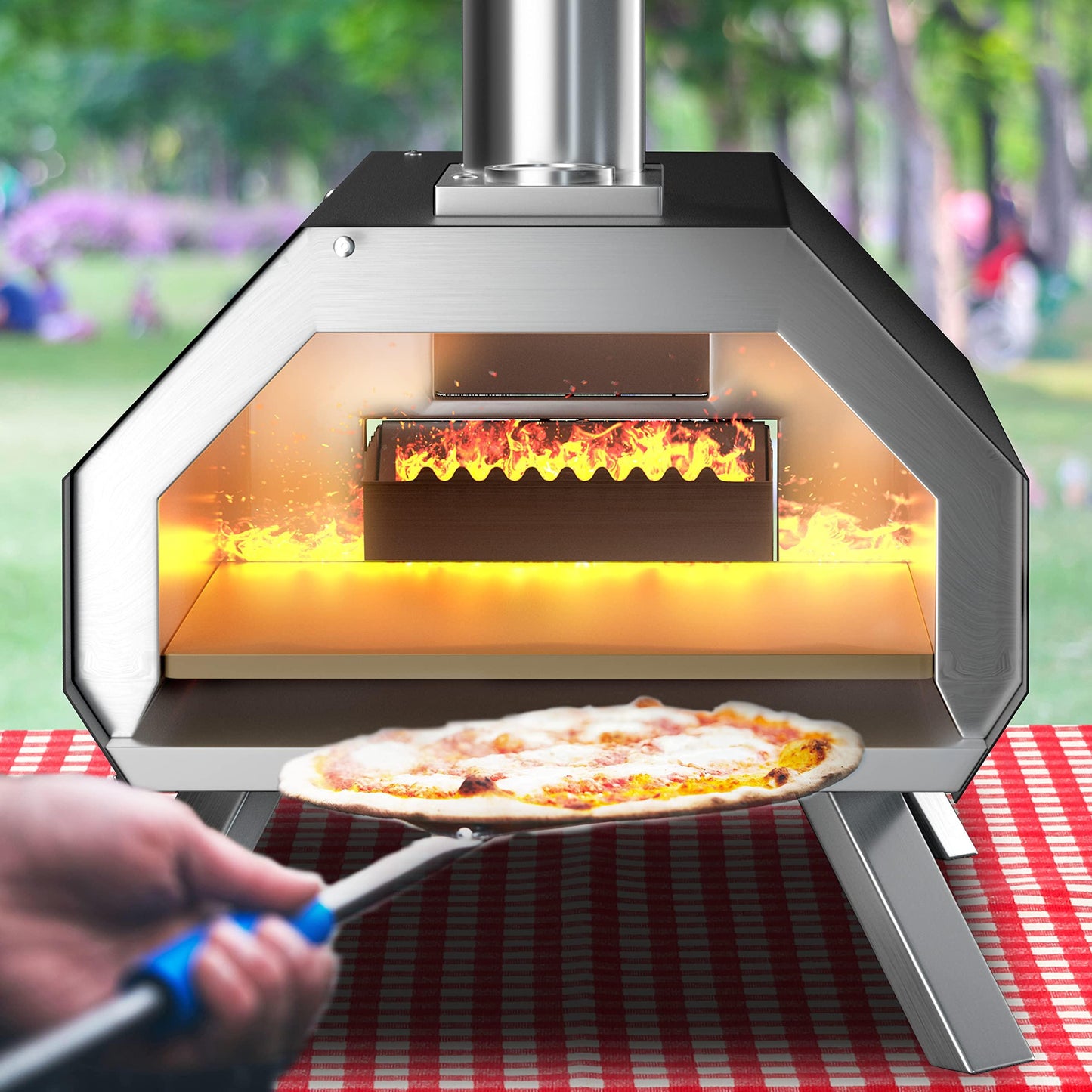 COSTWAY Outdoor Pizza Oven, with 12” Pizza Stone, Wood Fired Pizza Maker with Foldable Legs & Built-in Thermometer, Stainless Steel Wood Pellet Pizza Grill for Camping, Backyard, Picnic, Party, Black - CookCave