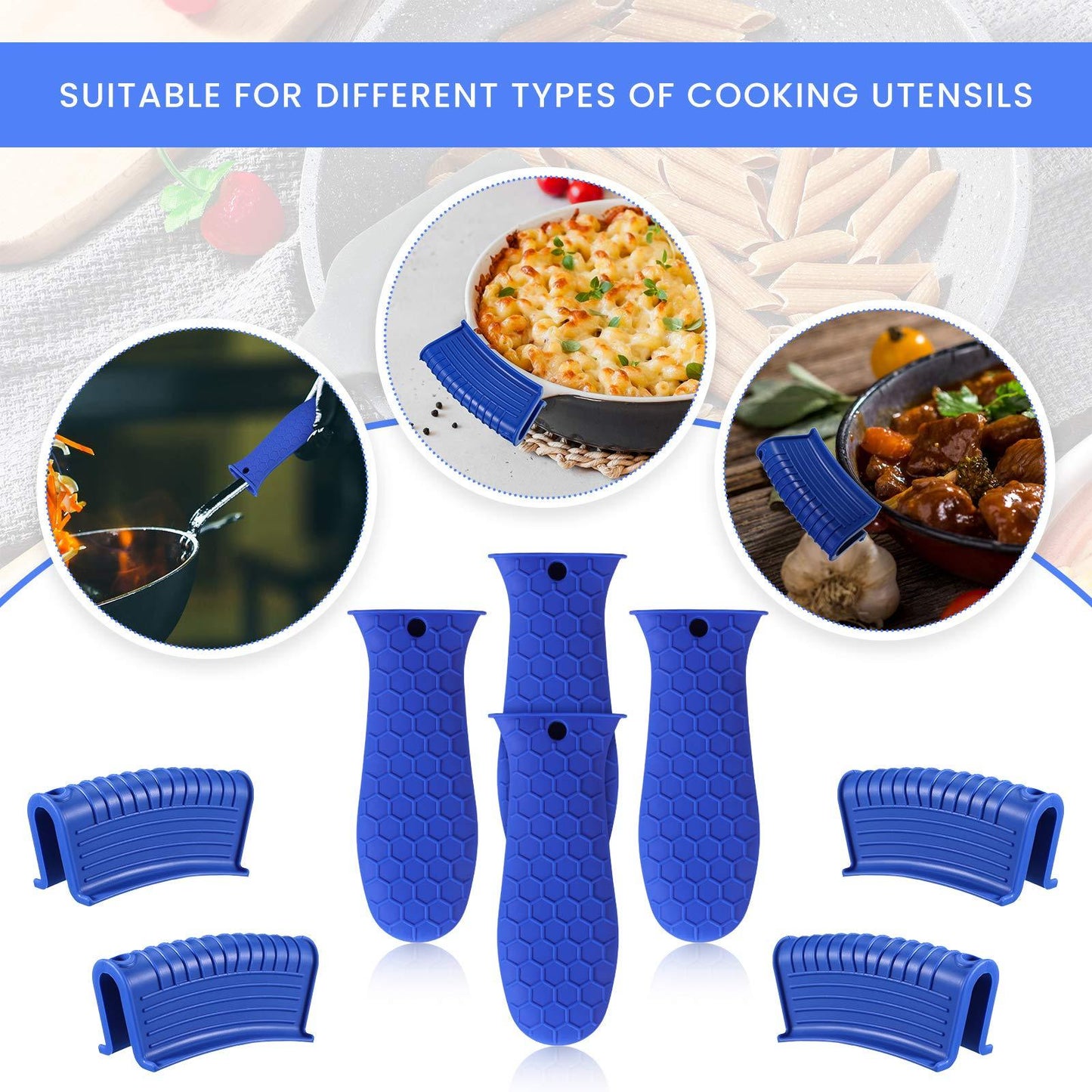 8 Pieces Silicone Hot Handle Holder Non Slip Pot Holders Cover Assist Hot Pan Handle Rubber Heat Resistant Pot Sleeve Grip Cookware Handle for Frying Cast Iron Skillet Metal Pan (Blue) - CookCave