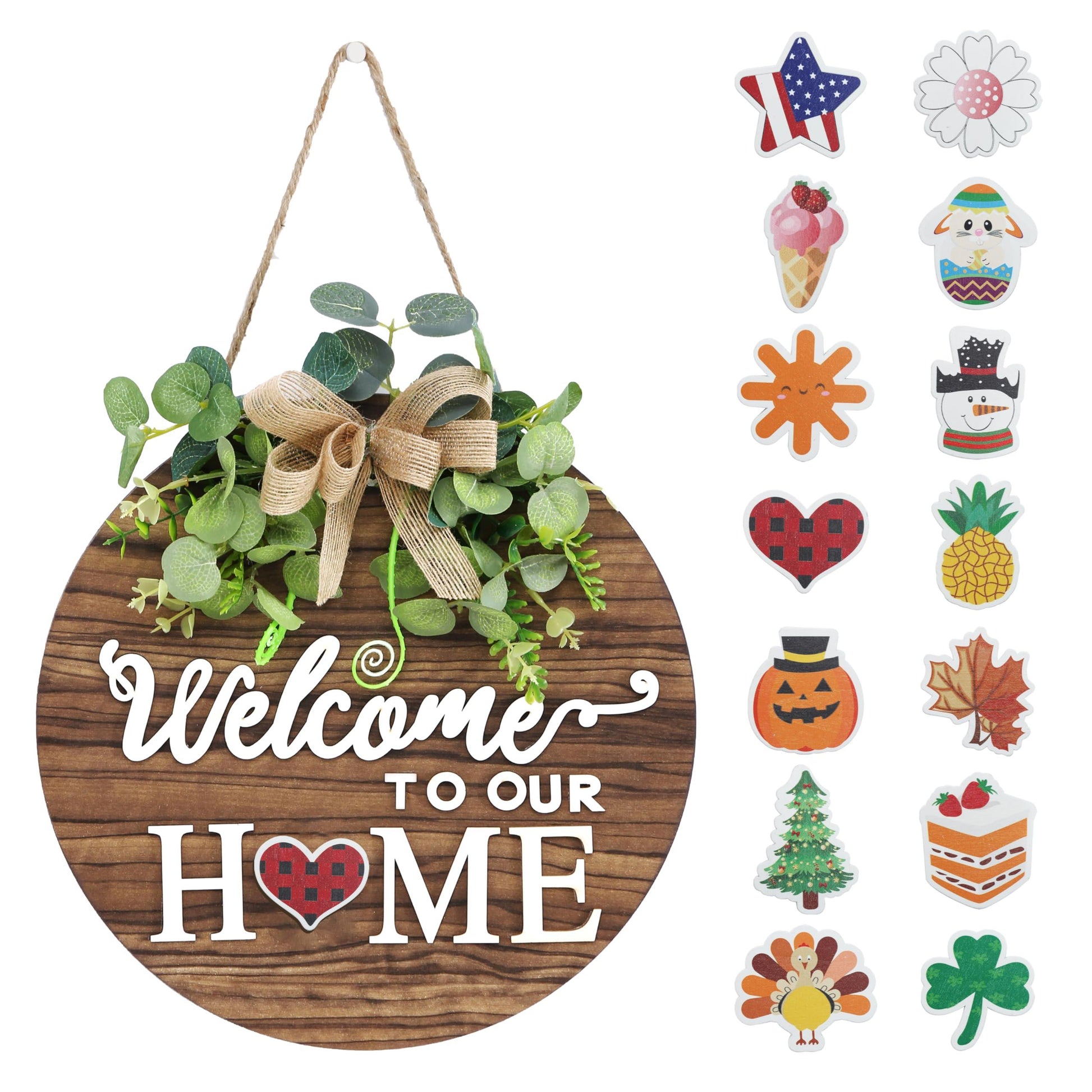 Interchangeable Seasonal Welcome Sign Front Door Decoration, Rustic Round Wood Wreaths Wall Hanging Outdoor, Farmhouse, Porch, for Spring Summer Fall All Seasons Holiday Halloween Christmas. - CookCave