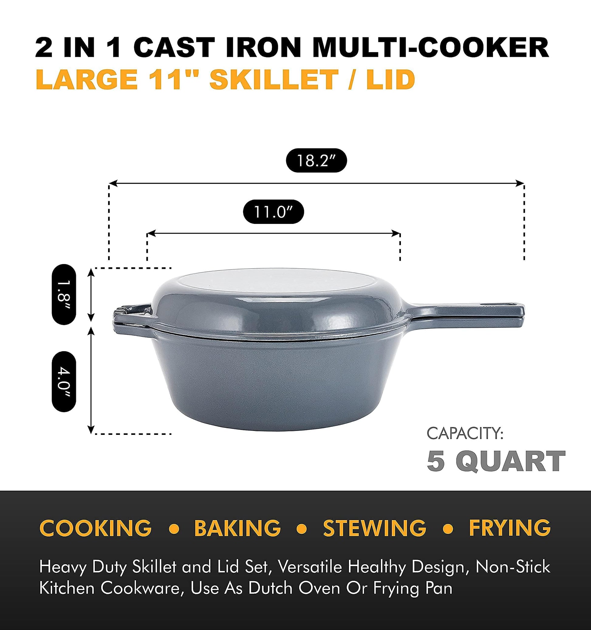 Bruntmor 2 in 1 Enameled cast iron pot with lid, 5QT Cast Iron Dutch Oven & Skillet Combo, Enameled Cast Iron Cookware with Lid, Perfect for Braising, Casseroles and Slow Cooking - Grey - CookCave