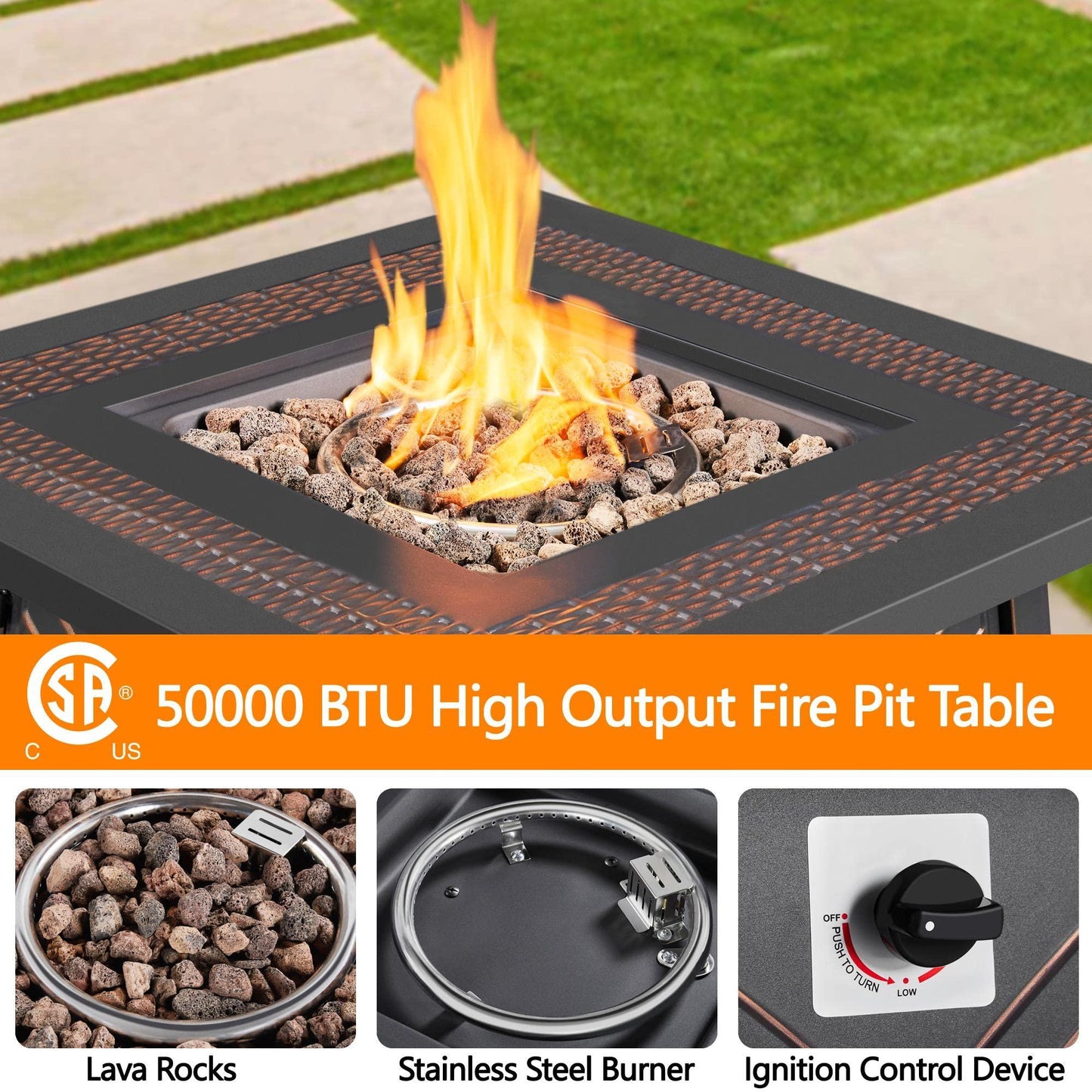 Yaheetech 28 inch Outdoor Gas Fire Pit Table 50,000 BTU Propane Fire Pit with Lid and Lava Rocks, Multifunctional 2 in 1 Gas Firepit for Patio/Backyard/Deck/Party, CSA Certification, Copper - CookCave