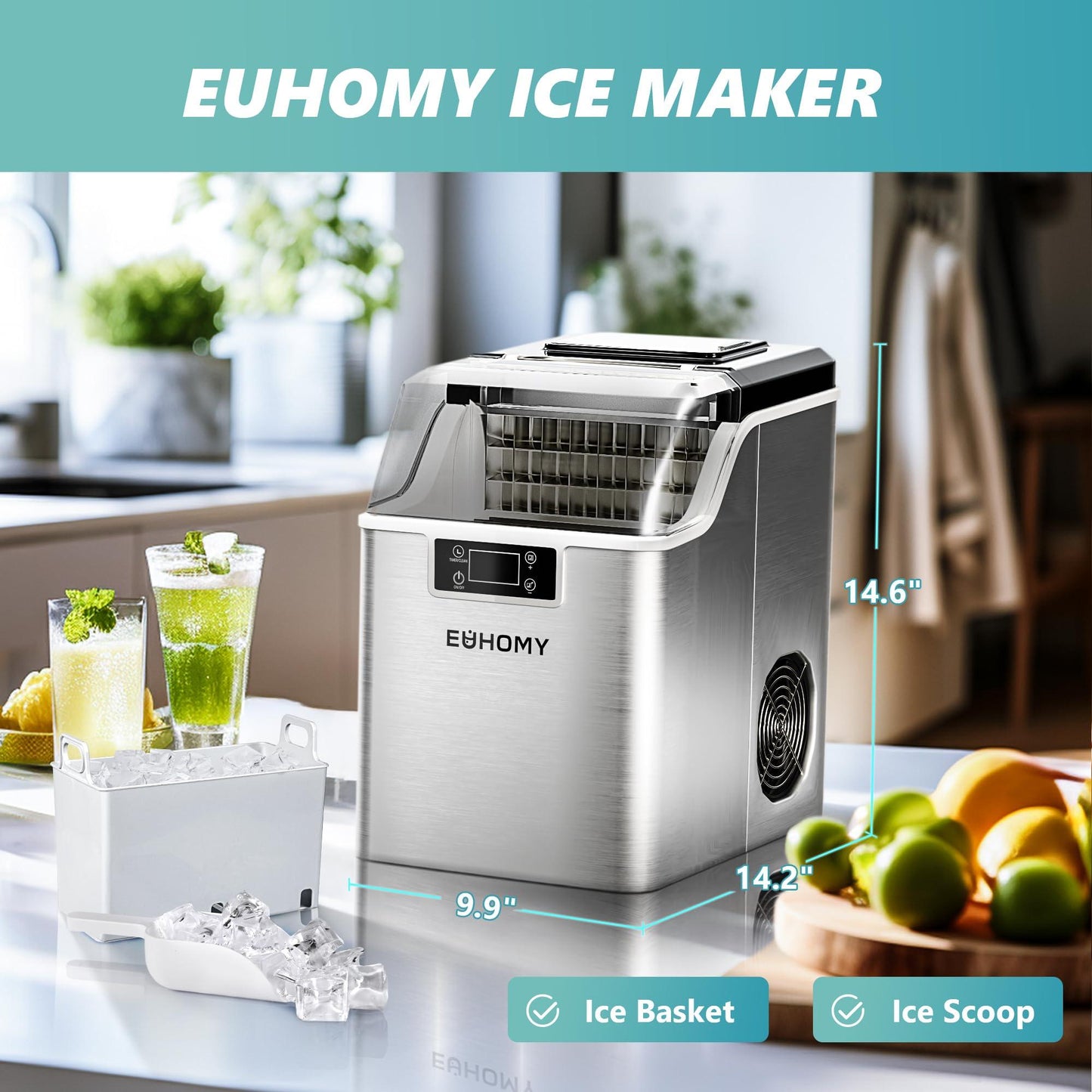 EUHOMY Ice Cube Maker Machine Countertop, 2 Ways to Add Water, 45Lbs/Day 24 Pcs Ready in 13 Mins, Self-Cleaning Portable Compact, with Ice Scoop & Basket, Perfect for Home/Kitchen/Office/Bar - CookCave