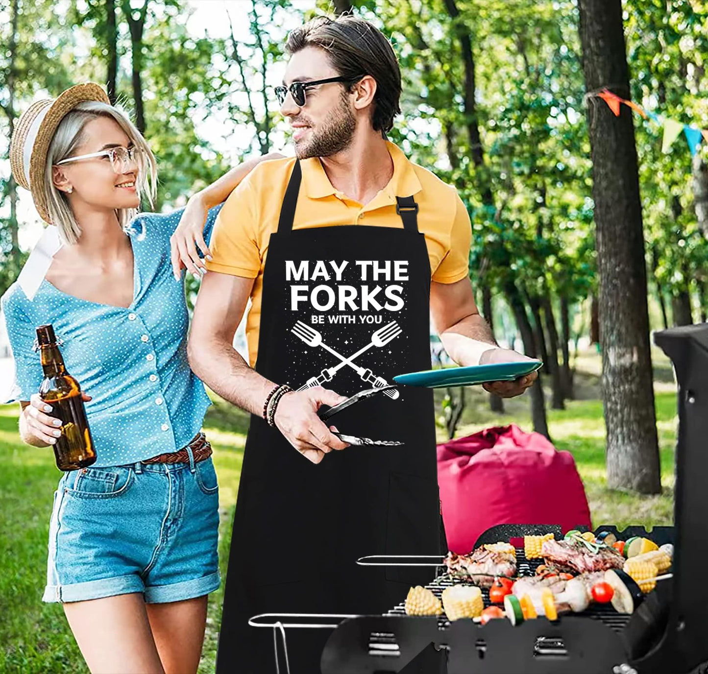 Kaidouma Funny Grill Aprons for Men - May The Forks Be With You - Men’s Funny Chef Cooking Grilling BBQ Aprons with 2 Pockets - Birthday Father’s Day Christmas Gifts for Dad, Husband, Movie Fans - CookCave