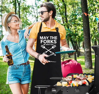 Kaidouma Funny Grill Aprons for Men - May The Forks Be With You - Men’s Funny Chef Cooking Grilling BBQ Aprons with 2 Pockets - Birthday Father’s Day Christmas Gifts for Dad, Husband, Movie Fans - CookCave