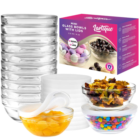 Lartique Mini 3.5 Inch Small Glass Bowls with Lids - Small Bowls Perfect for Prep, Dips, Nuts, or Candy - Meal Prep Bowls or Dessert Bowls, Set of 12 - CookCave