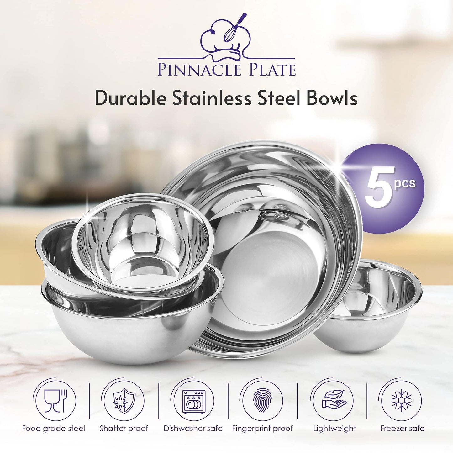 Pinnacle Plate Stainless Steel Mixing Bowls - 5 Pack Nesting Baking Supplies for Cooking, Serving, Food Prep - Dishwasher Kitchen Set, Stackable Salad Bowl for Easy Storage - CookCave