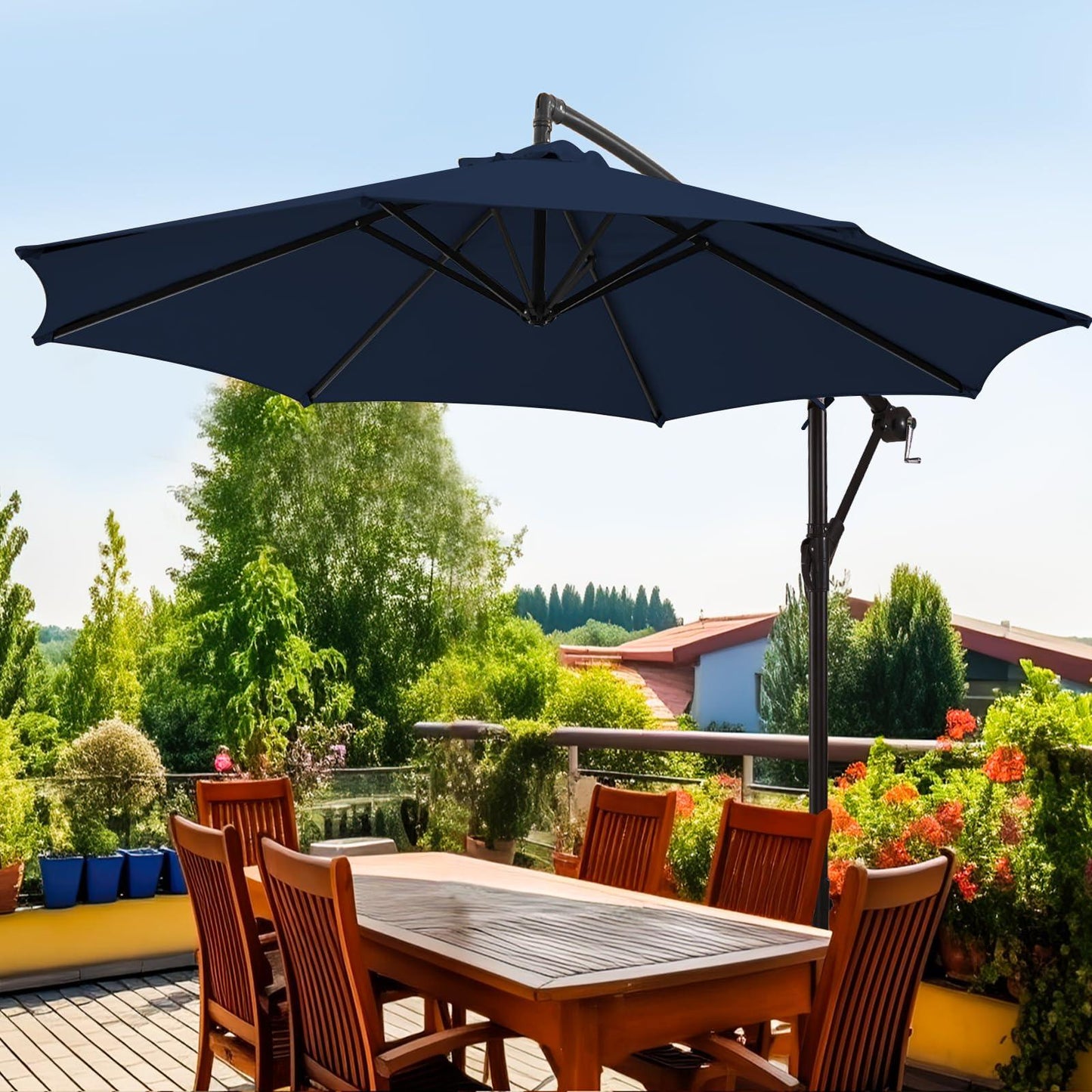 wikiwiki 10ft Patio Umbrellas Offset Outdoor Cantilever hanging Umbrellas w/Infinite Tilt, Fade Resistant Waterproof RECYCLED FABRIC Canopy & Cross Base, for Yard, Garden & Deck (Navy Blue) - CookCave