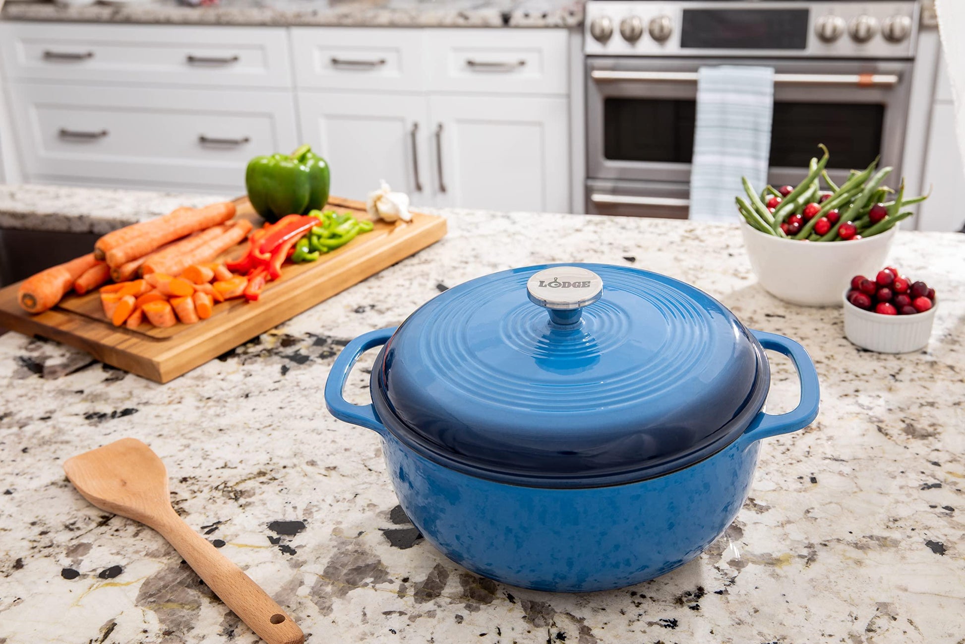 Lodge 6 Quart Enameled Cast Iron Dutch Oven with Lid – Dual Handles – Oven Safe up to 500° F or on Stovetop - Use to Marinate, Cook, Bake, Refrigerate and Serve – Blue - CookCave